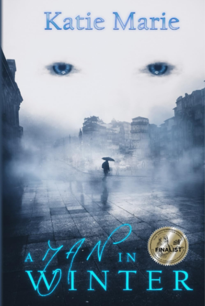 Book cover showing a lone man walking in fog with eyes in the sky watching him